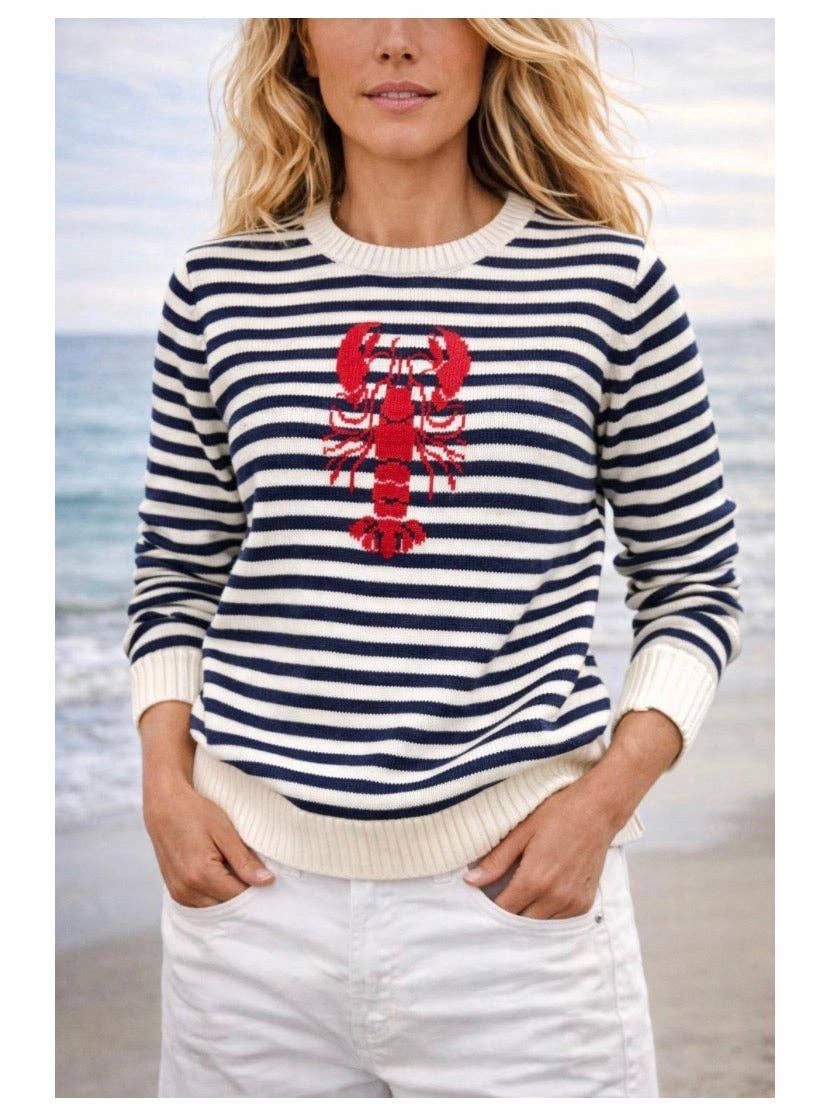 Classic Striped Lobster Cotton Sweater in Navy/Ivory(1)