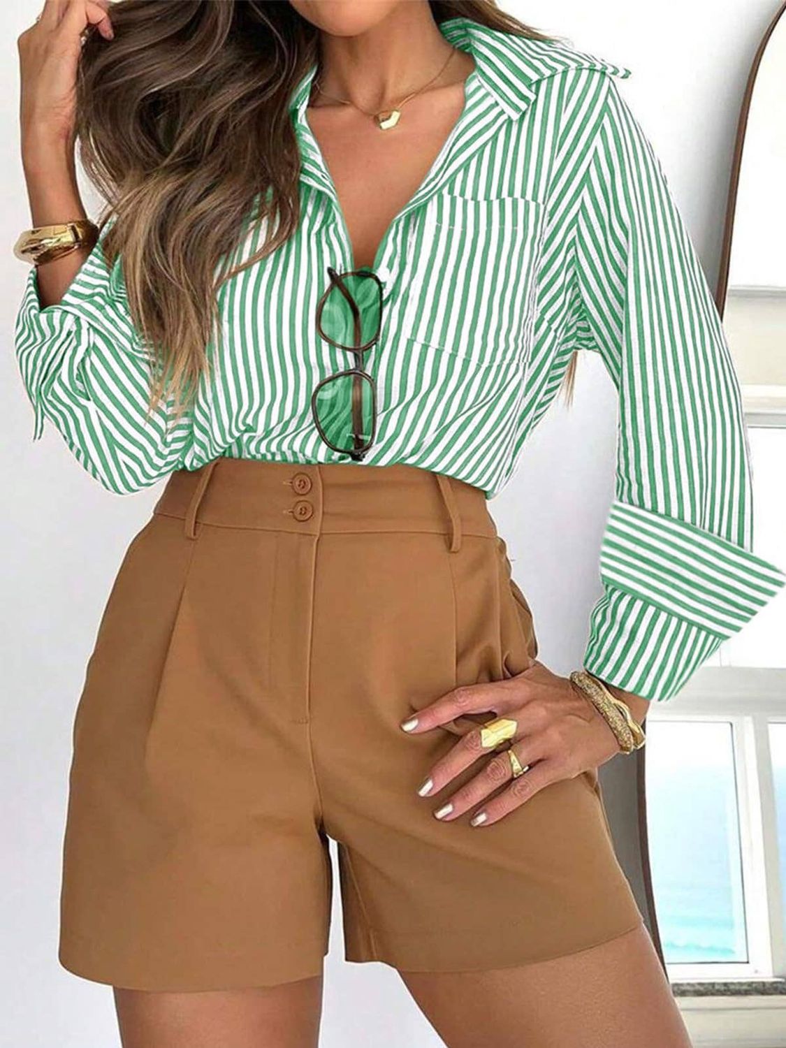 Vertical Stripe Button-Up Shirt with Rolled Sleeves