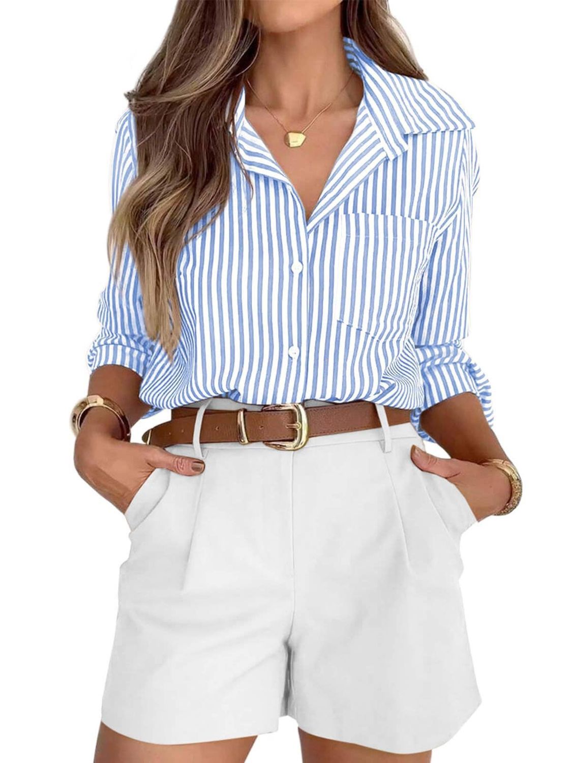 Vertical Stripe Button-Up Shirt with Rolled Sleeves