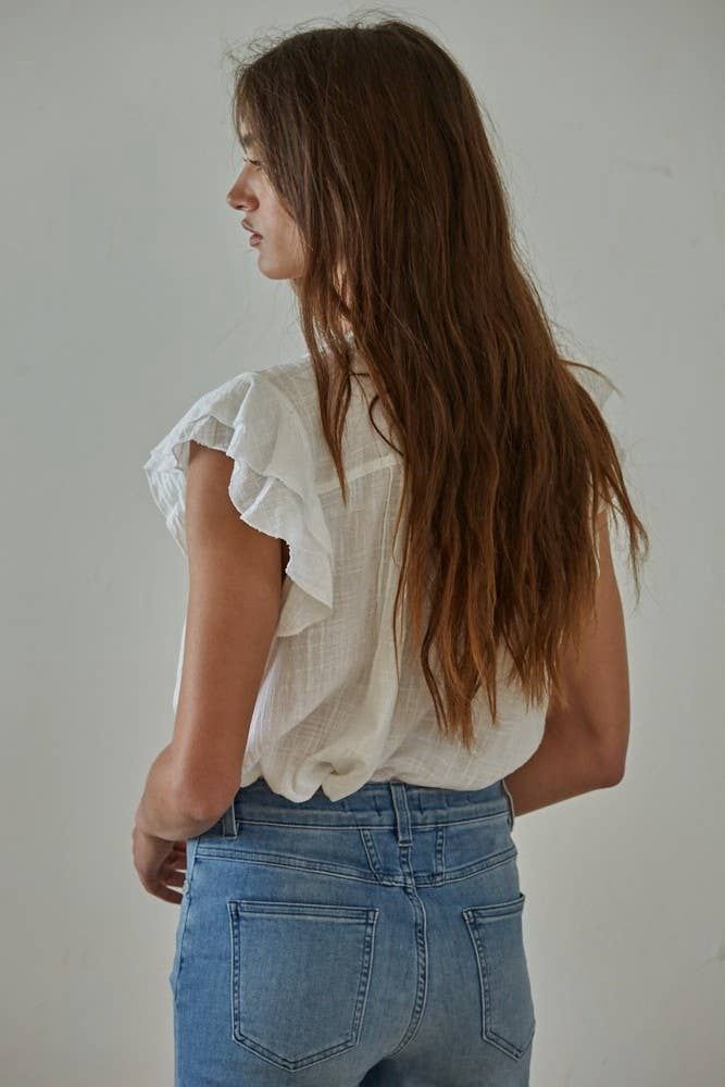 Woven Cotton Linen Button V-Neck Short Sleeve Top
