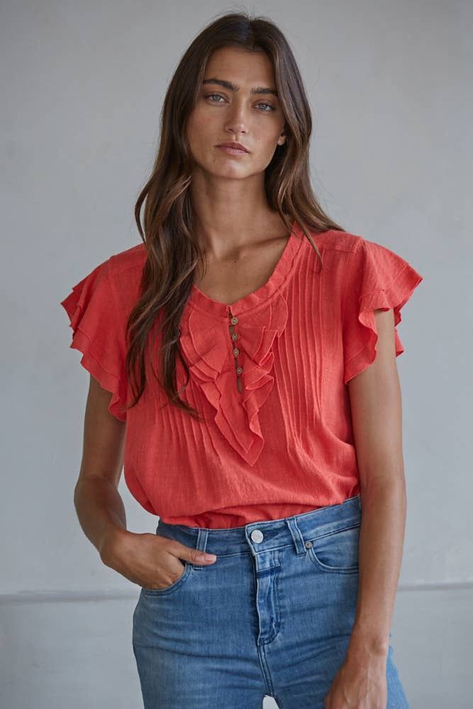 Woven Cotton Linen Button V-Neck Short Sleeve Top