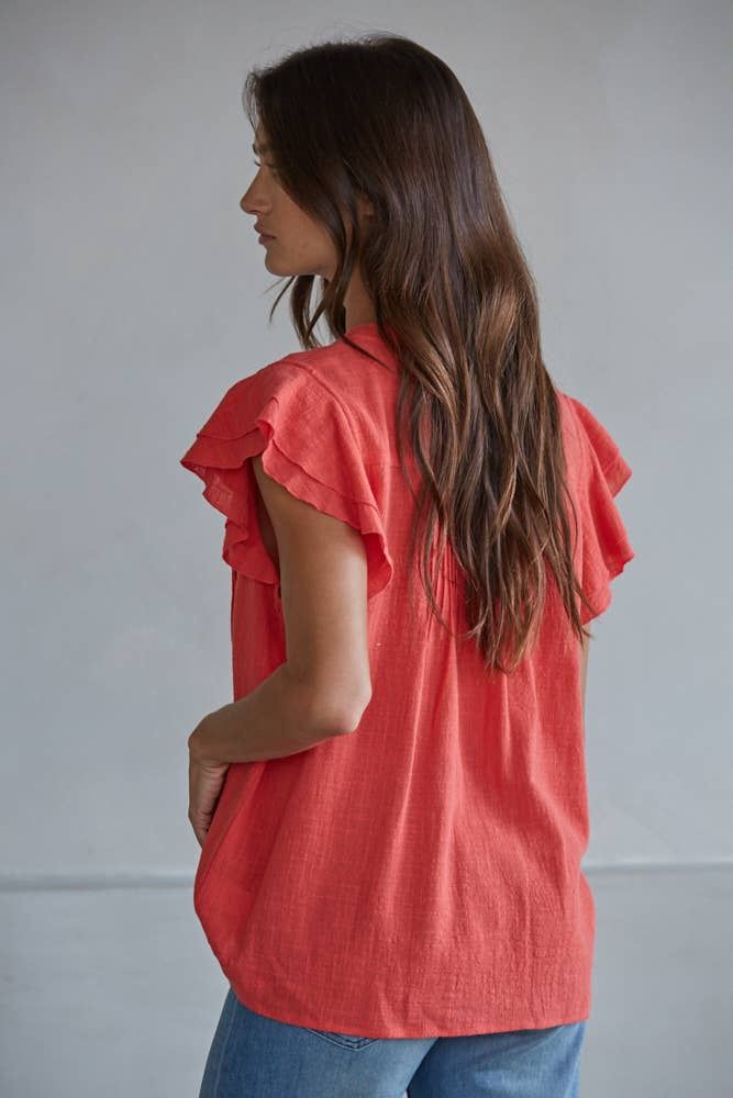 Woven Cotton Linen Button V-Neck Short Sleeve Top