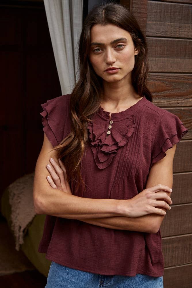 Woven Cotton Linen Button V-Neck Short Sleeve Top