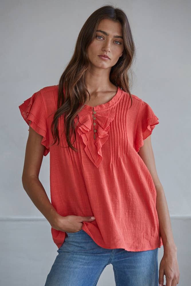 Woven Cotton Linen Button V-Neck Short Sleeve Top