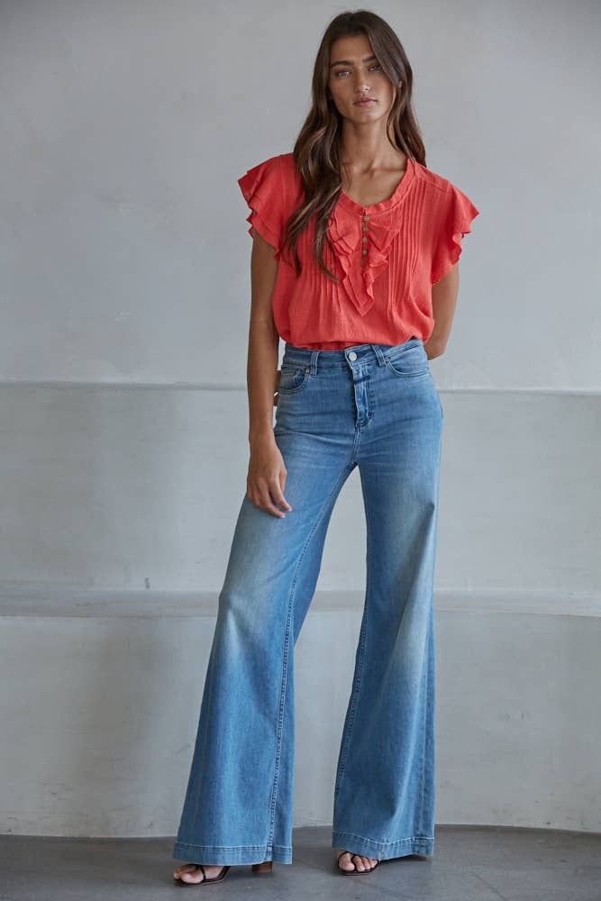 Woven Cotton Linen Button V-Neck Short Sleeve Top