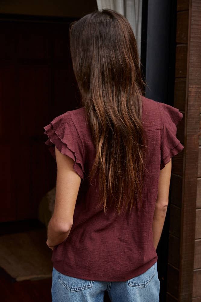 Woven Cotton Linen Button V-Neck Short Sleeve Top