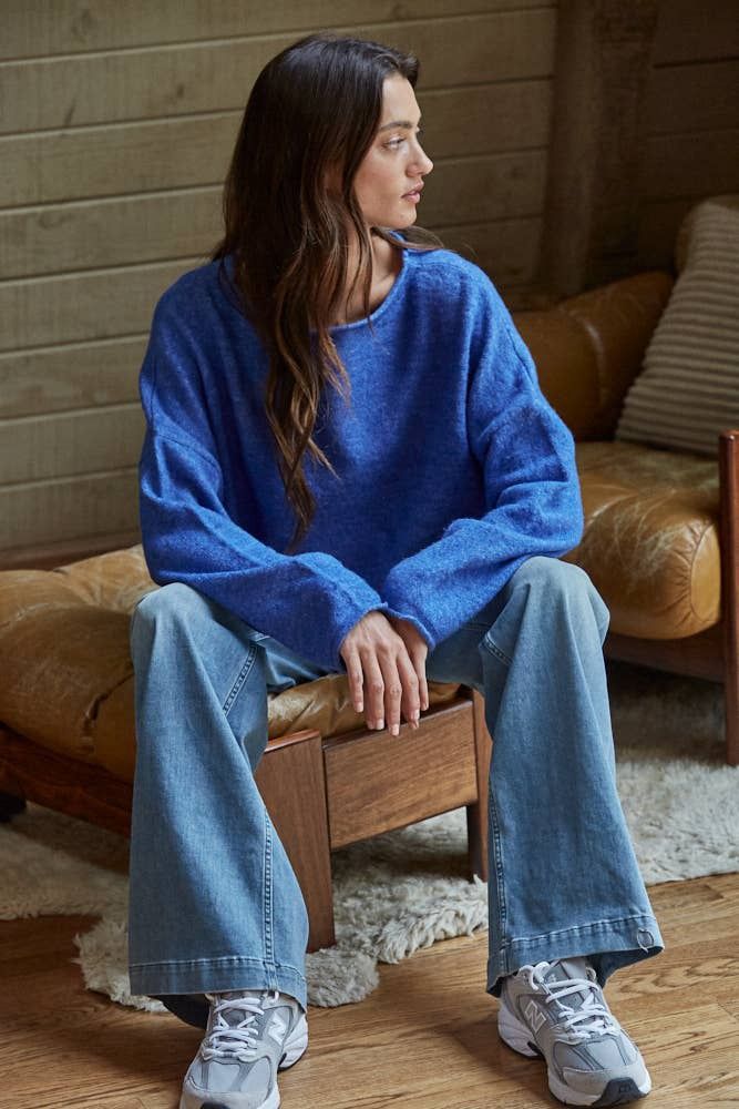 Royal Blue Knit Sweater Rolled Round Neck Pullover Top, Color: Royal Blue, Size: L