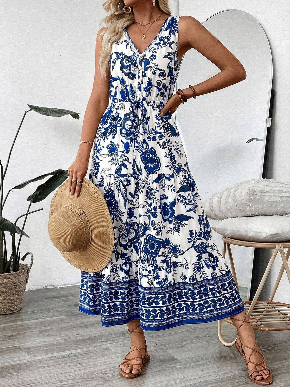 Floral V Neck Sleeveless Maxi Dress