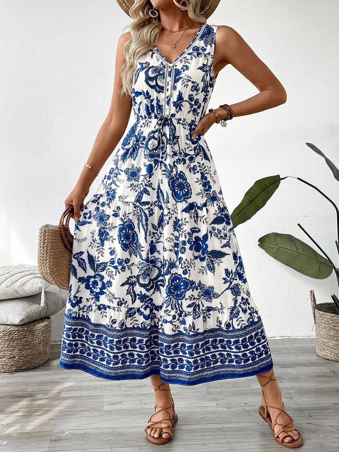Floral V Neck Sleeveless Maxi Dress