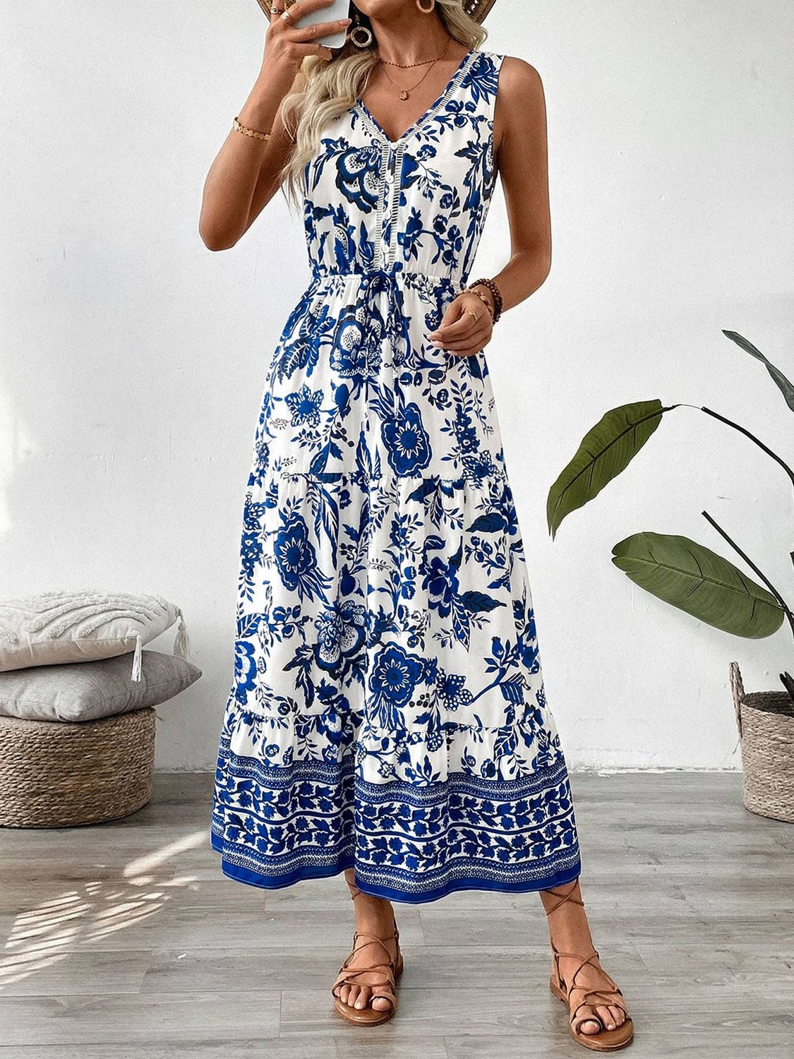 Floral V Neck Sleeveless Maxi Dress, Color: Navy, Size: M
