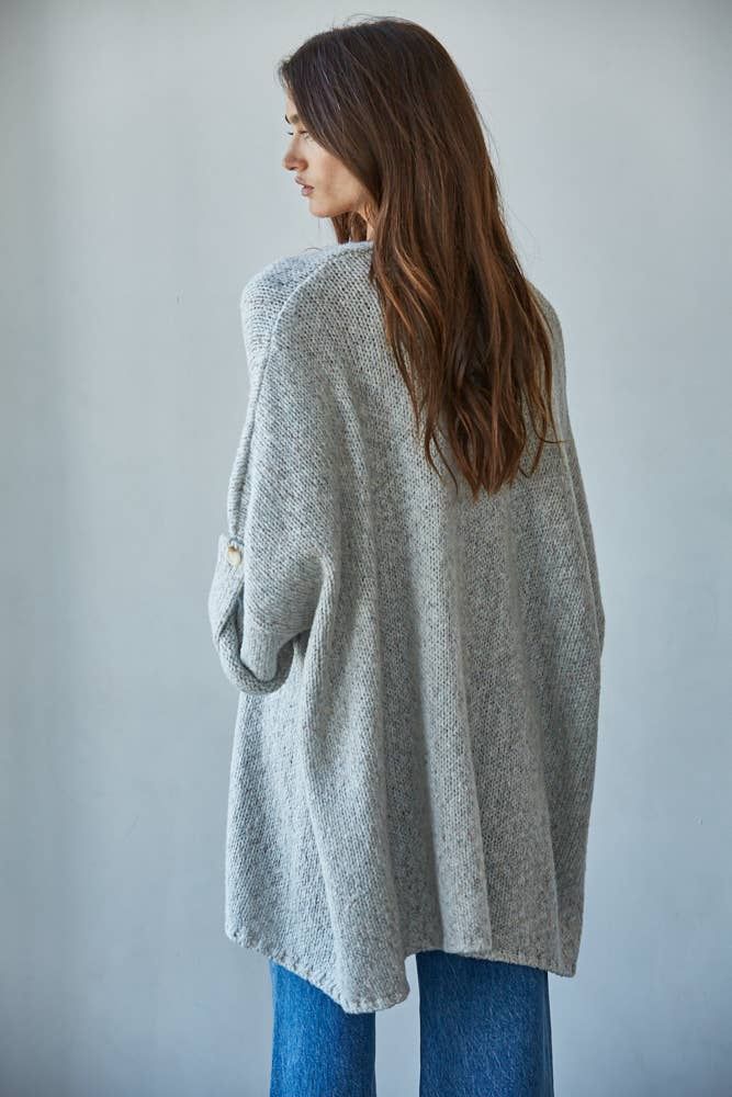 Knit Folded Quarter Sleeve Open Front Cardigan, Color: Light Heather Grey, Size: L