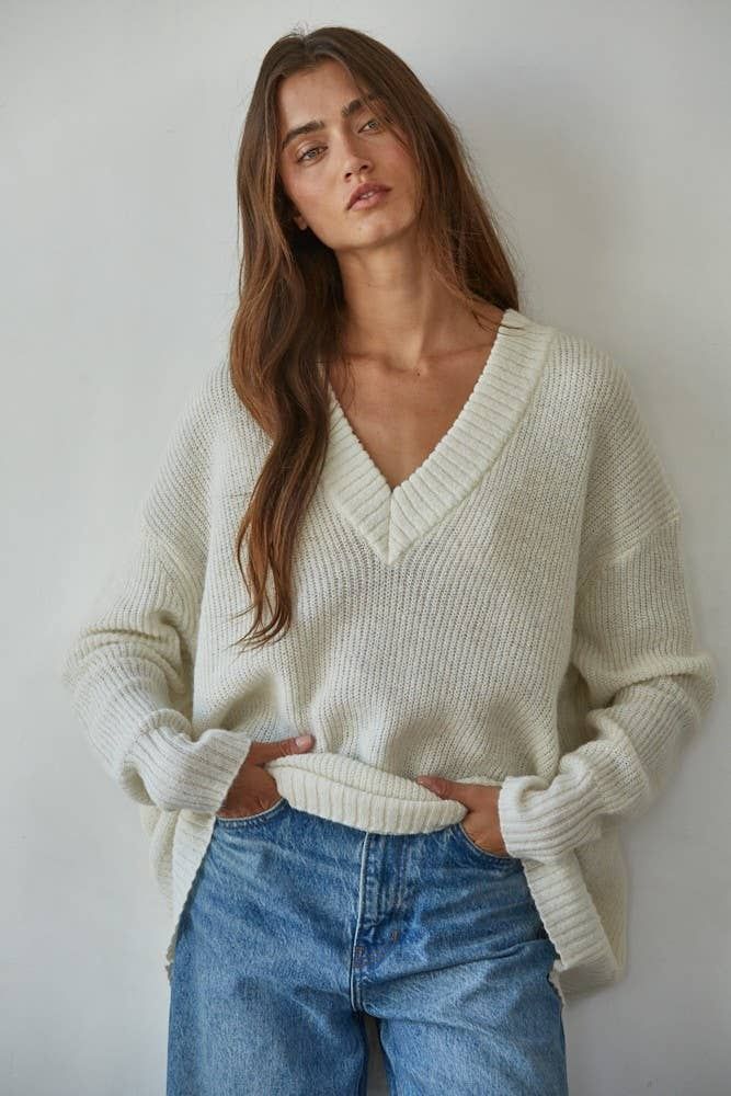 Knit Ribbed V-Neck Oversized Sweater