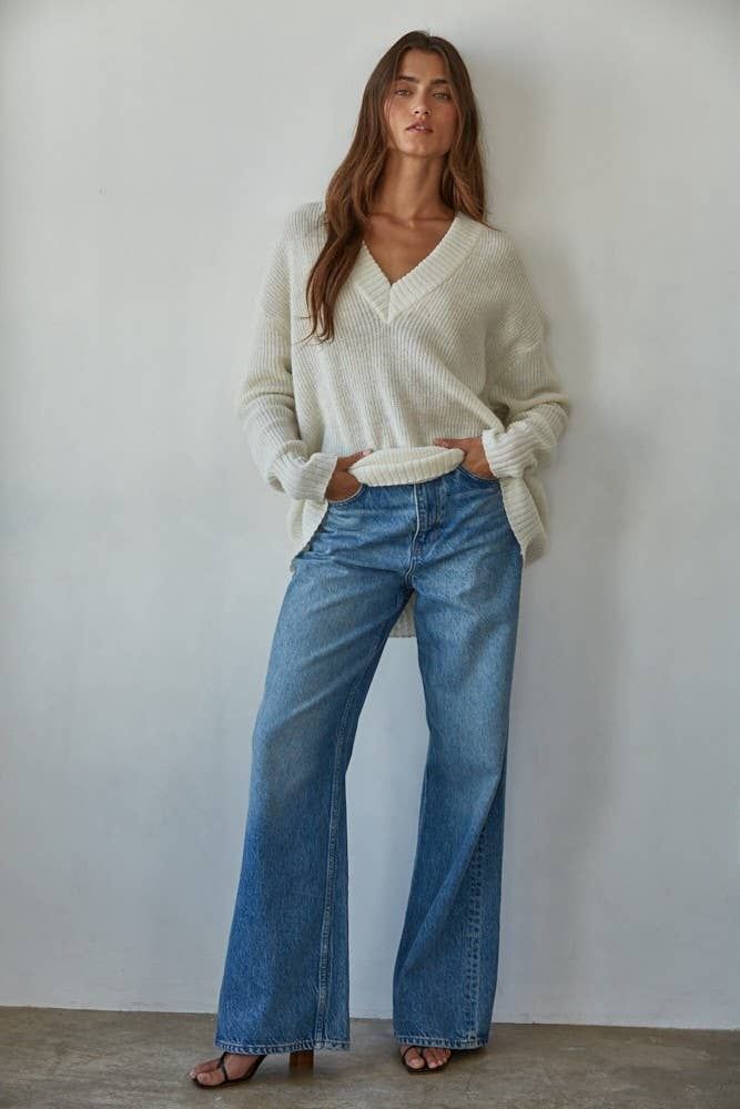 Knit Ribbed V-Neck Oversized Sweater