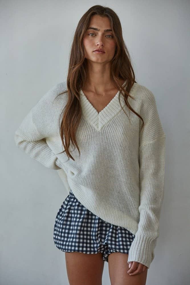 Knit Ribbed V-Neck Oversized Sweater