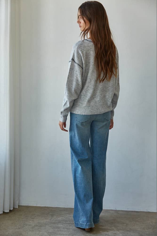 Knit Sweater With Contrast Stitches Detail, Color: Light Heather Grey, Size: L