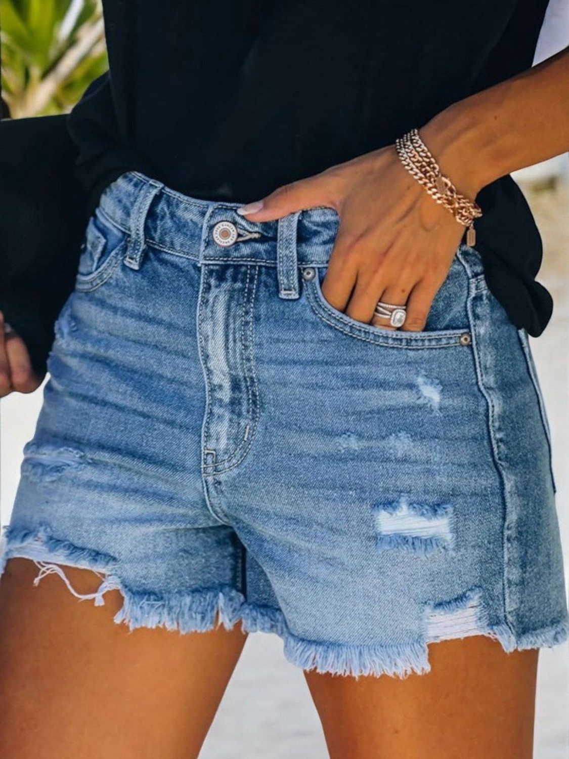 Distressed Denim Shorts with Frayed Hem, Color: Blue, Size: Large 12-14