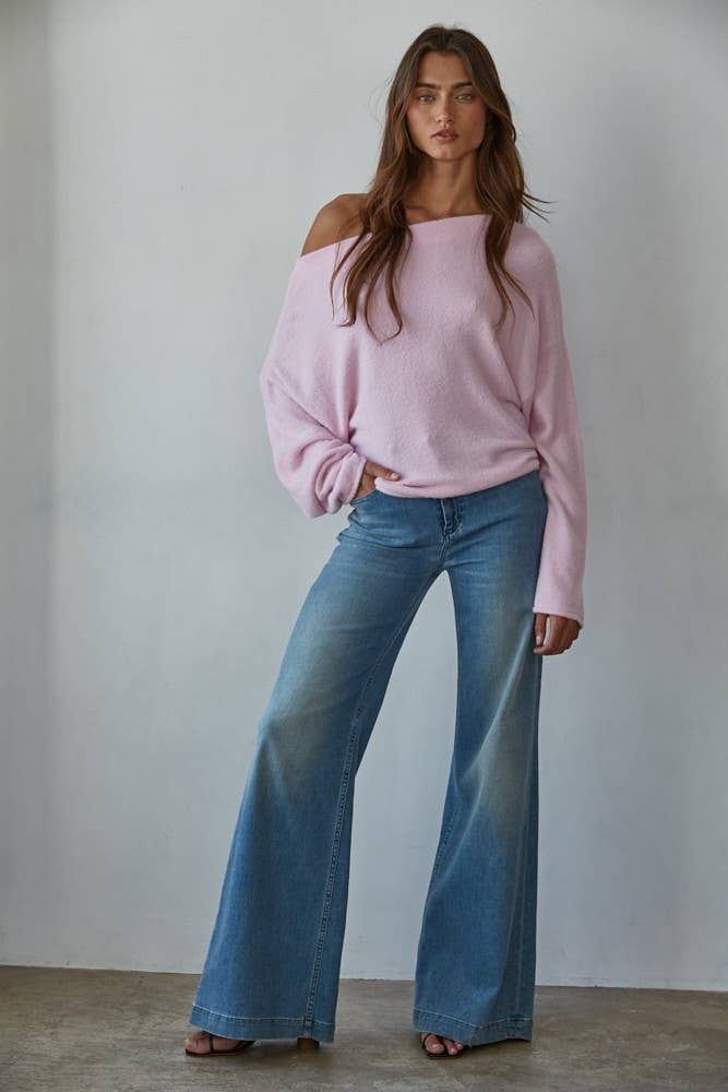 Knit Sweater Boat Neck Long Sleeve Pullover Top