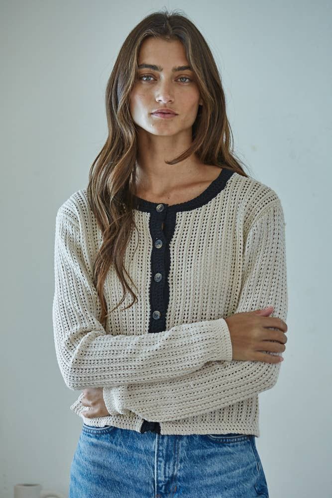 W2376T2 |Knit Sweater Cotton Cardigan Top, Color: Natural, Size: S