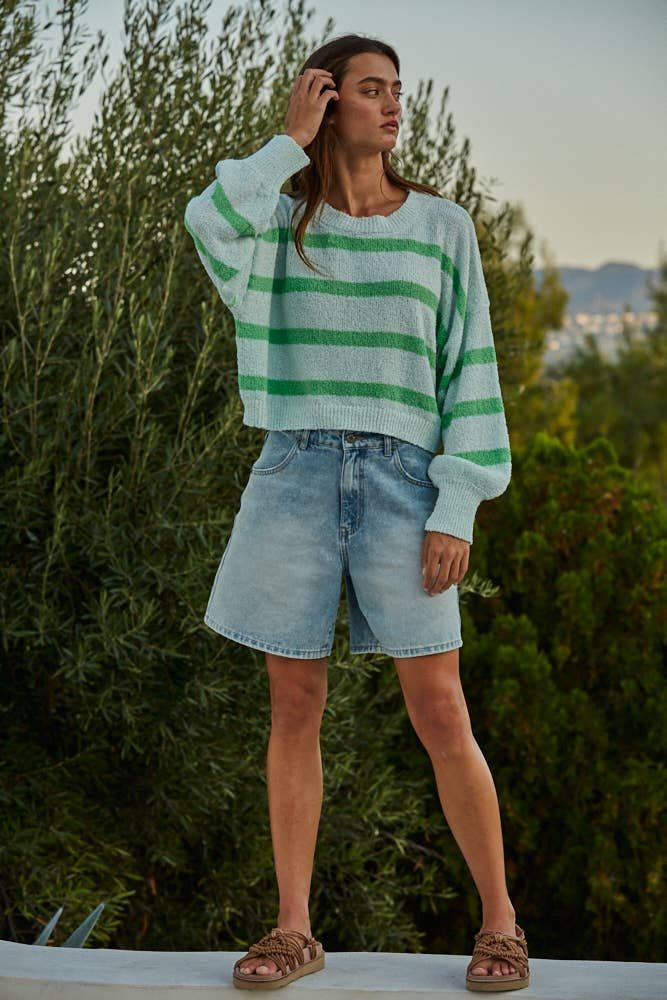 Knit Sweater Striped Crewneck Long Sleeve Top