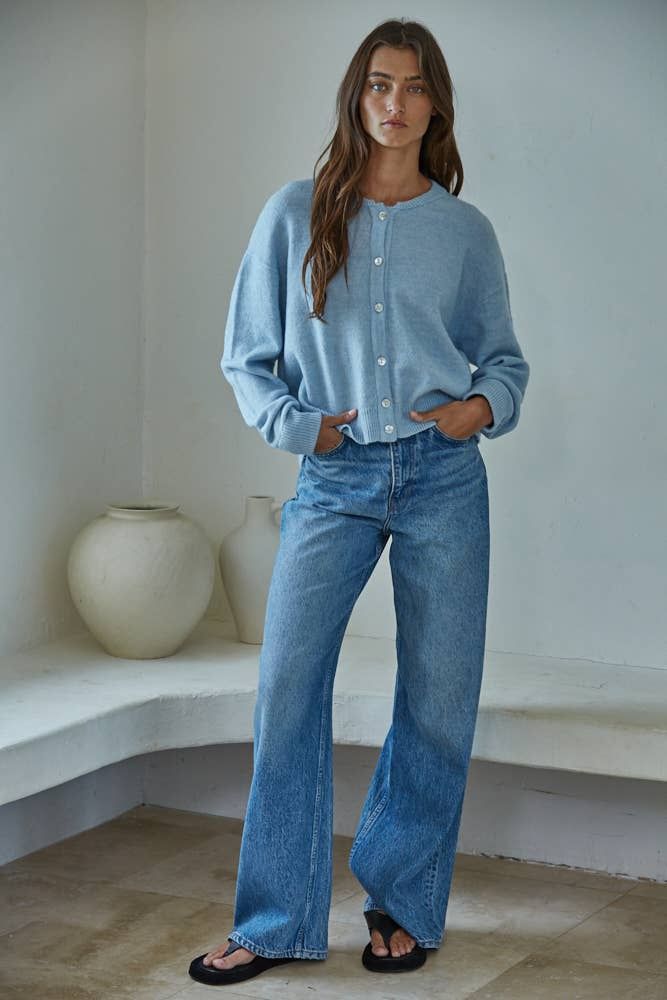 Knit Polyester Acrylic Sweater Crew Neck Cardigan, Color: Baby Blue, Size: S