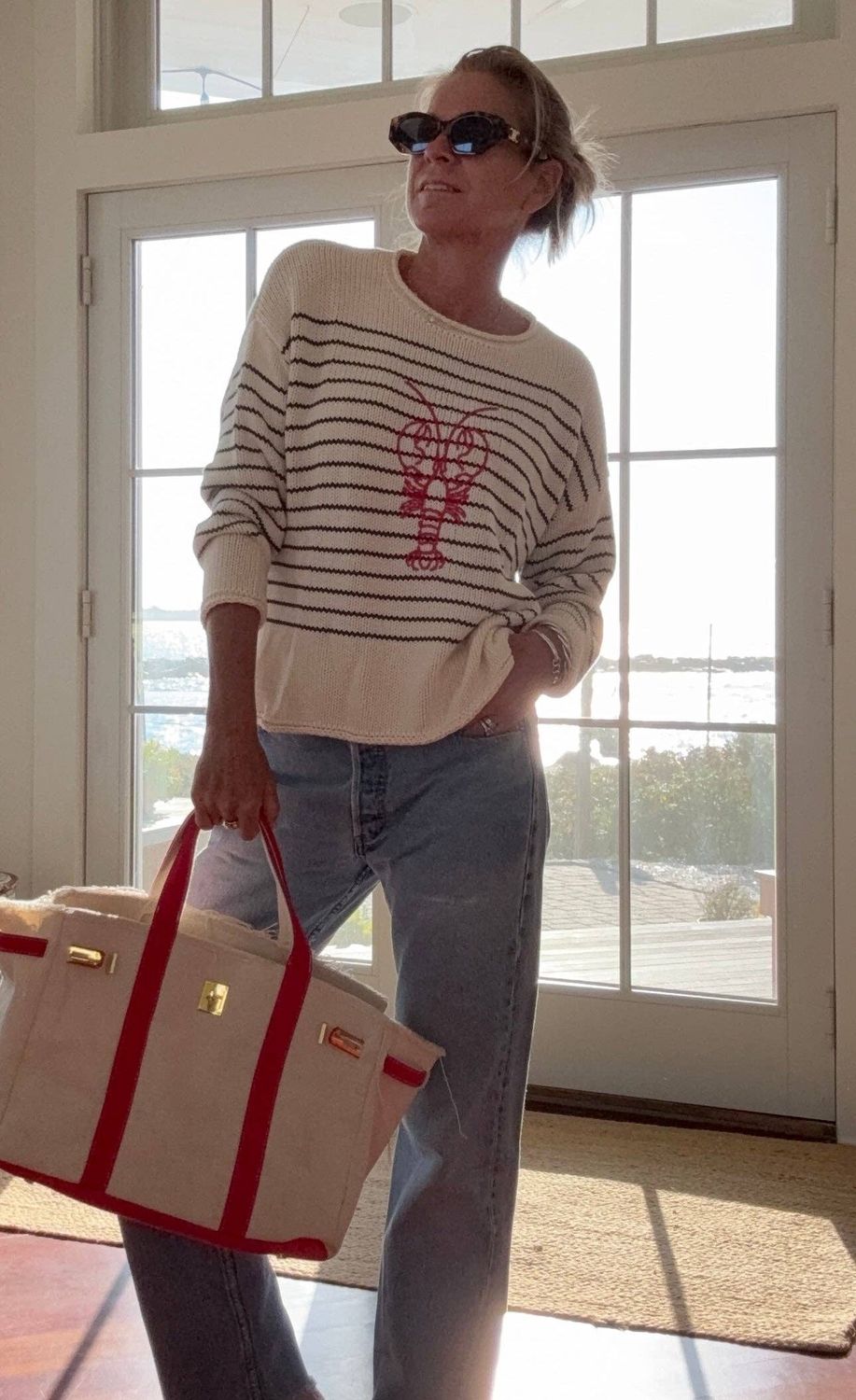 Chloe Stripe Rollneck Embroidered Lobster Sweater in Ivory