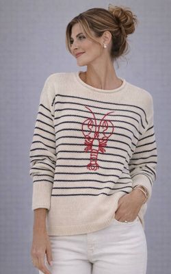 Pink Pineapple Chloe Stripe Rollneck Embroidered Lobster Sweater in Ivory