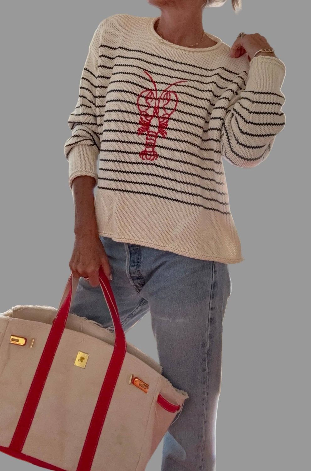 Pink Pineapple Chloe Stripe Rollneck Embroidered Lobster Sweater in Ivory