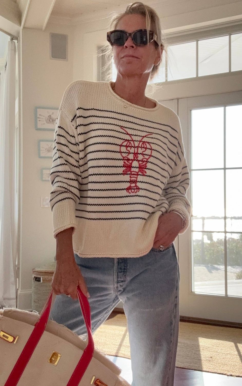 Pink Pineapple Chloe Stripe Rollneck Embroidered Lobster Sweater in Ivory