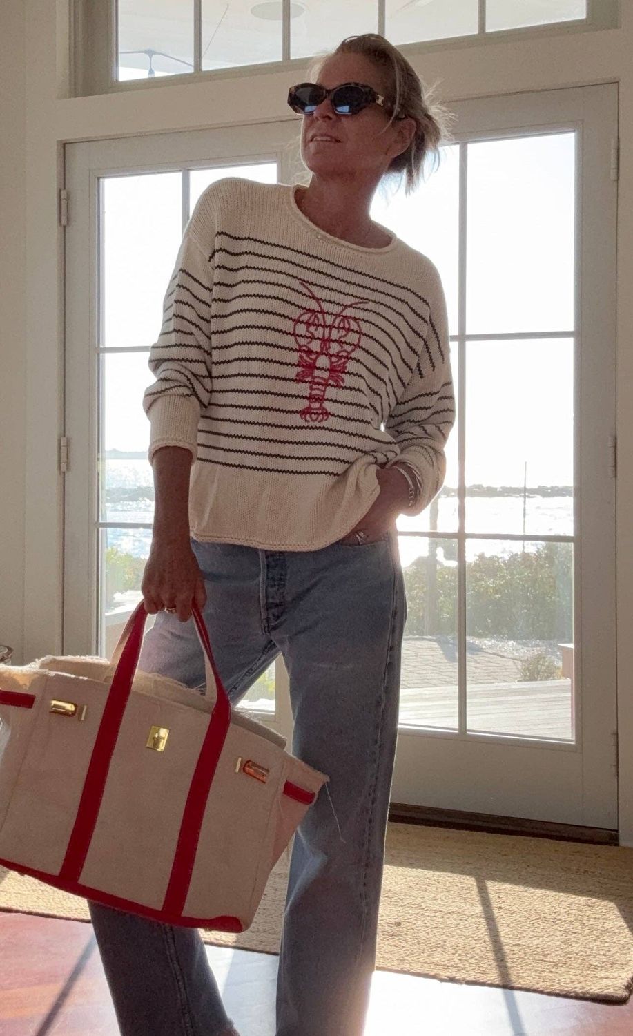 Pink Pineapple Chloe Stripe Rollneck Embroidered Lobster Sweater in Ivory