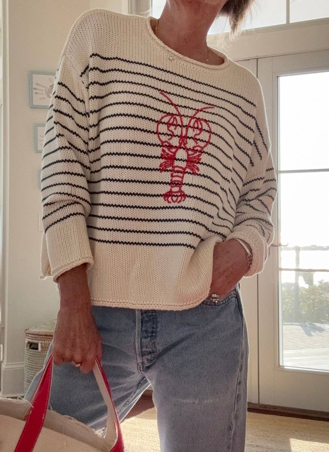 Pink Pineapple Chloe Stripe Rollneck Embroidered Lobster Sweater in Ivory