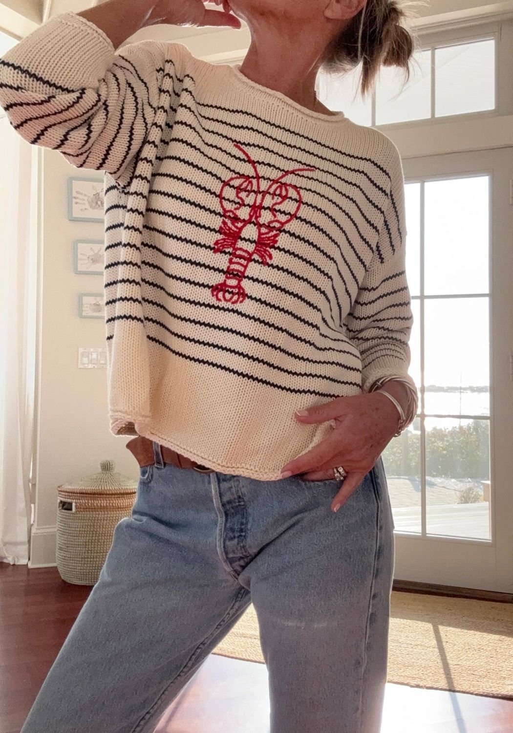 Pink Pineapple Chloe Stripe Rollneck Embroidered Lobster Sweater in Ivory