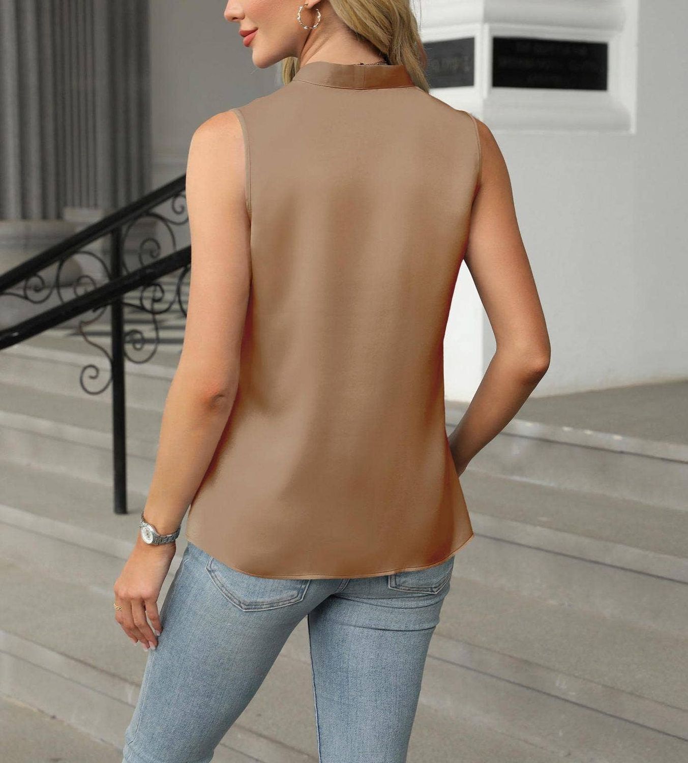 Sleeveless V Neck Blouse with Button Front Detail