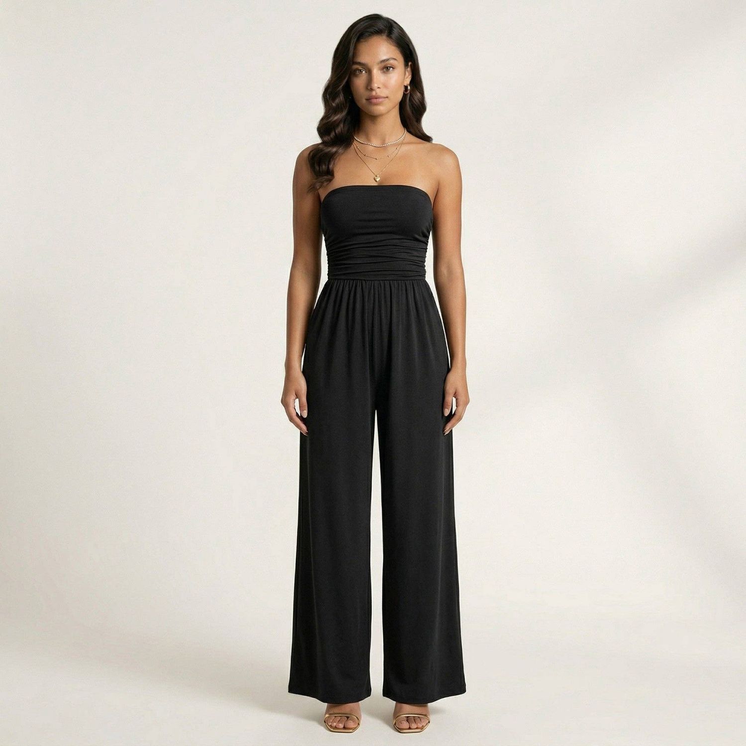 Strapless Wide Leg Jumpsuit with Smocked Bodice Elastic Waist Flowy Relaxed Fit