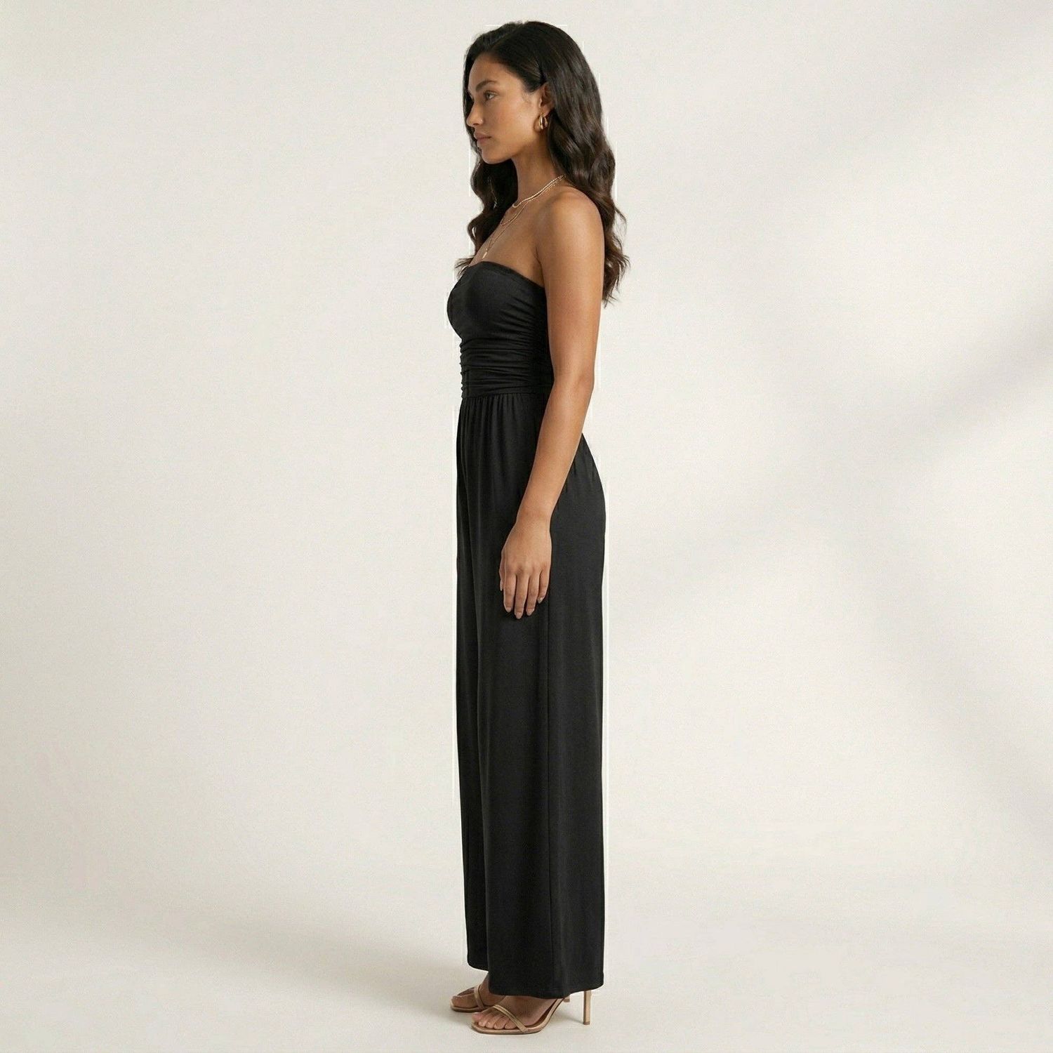 Strapless Wide Leg Jumpsuit with Smocked Bodice Elastic Waist Flowy Relaxed Fit