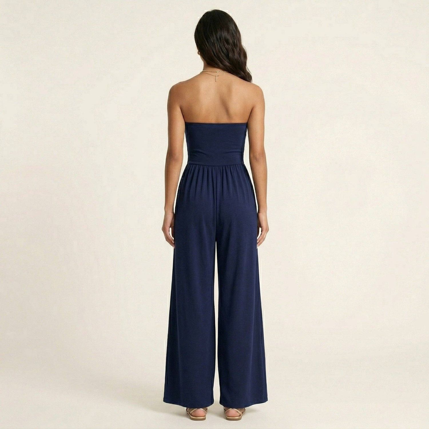 Strapless Wide Leg Jumpsuit with Smocked Bodice Elastic Waist Flowy Relaxed Fit