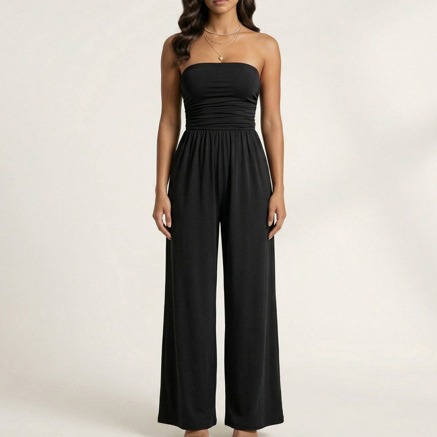 Strapless Wide Leg Jumpsuit with Smocked Bodice Elastic Waist Flowy Relaxed Fit