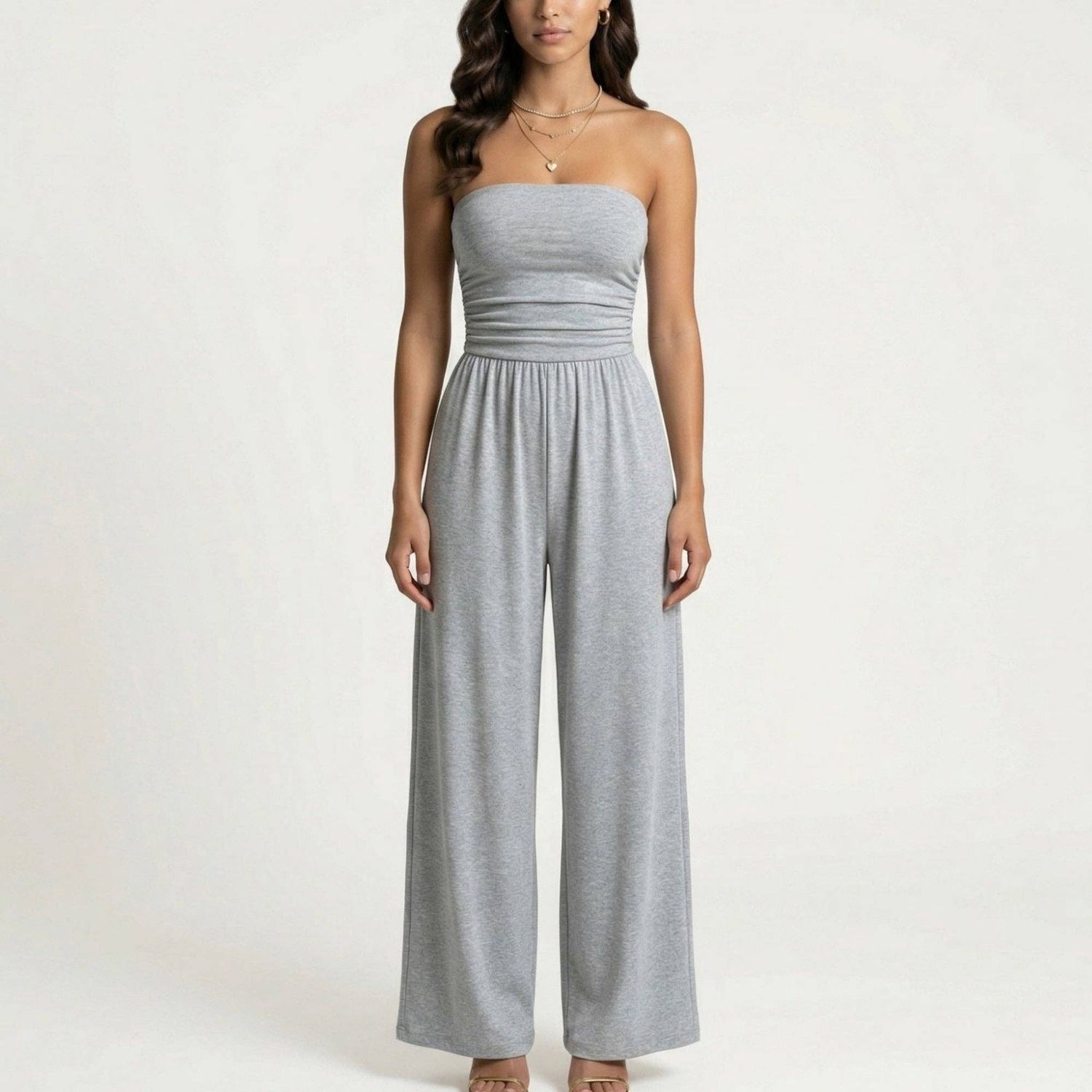 Strapless Wide Leg Jumpsuit with Smocked Bodice Elastic Waist Flowy Relaxed Fit