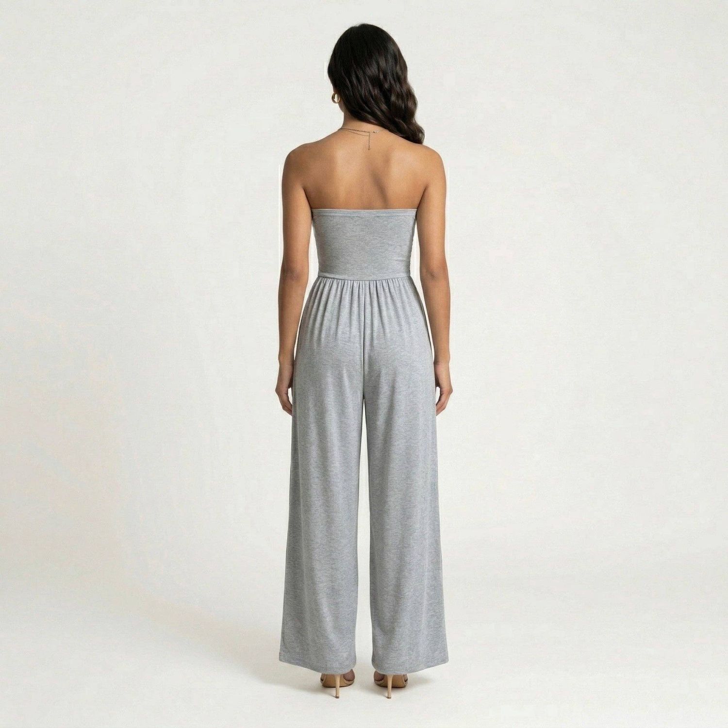 Strapless Wide Leg Jumpsuit with Smocked Bodice Elastic Waist Flowy Relaxed Fit