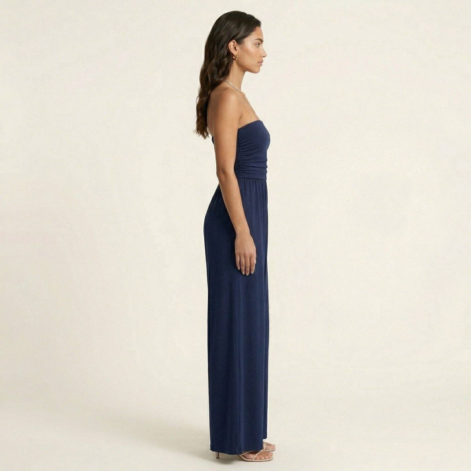 Strapless Wide Leg Jumpsuit with Smocked Bodice Elastic Waist Flowy Relaxed Fit