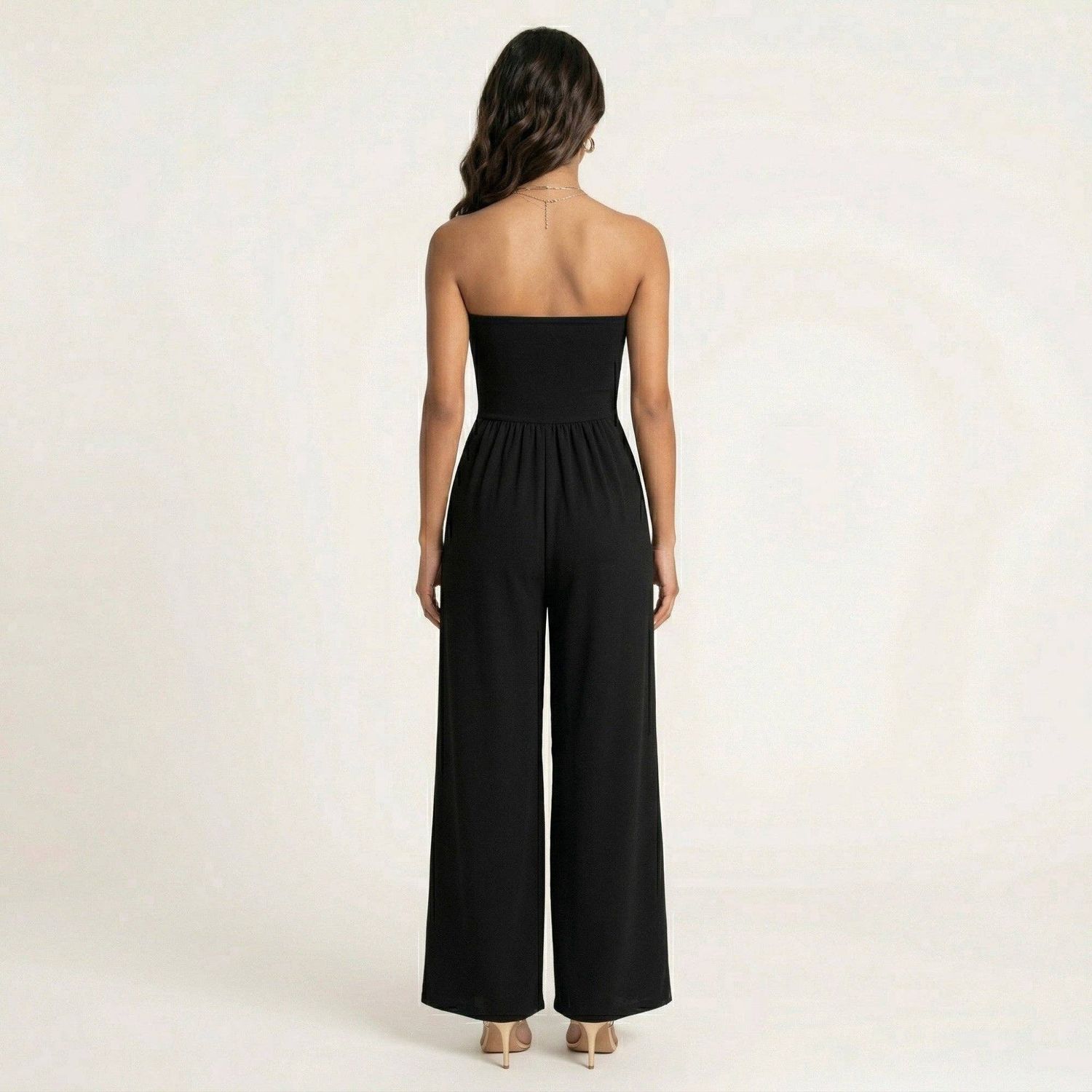 Strapless Wide Leg Jumpsuit with Smocked Bodice Elastic Waist Flowy Relaxed Fit