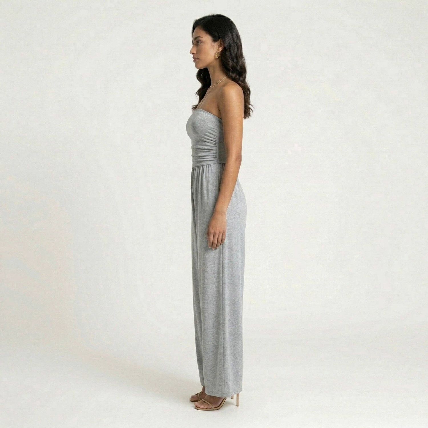 Strapless Wide Leg Jumpsuit with Smocked Bodice Elastic Waist Flowy Relaxed Fit