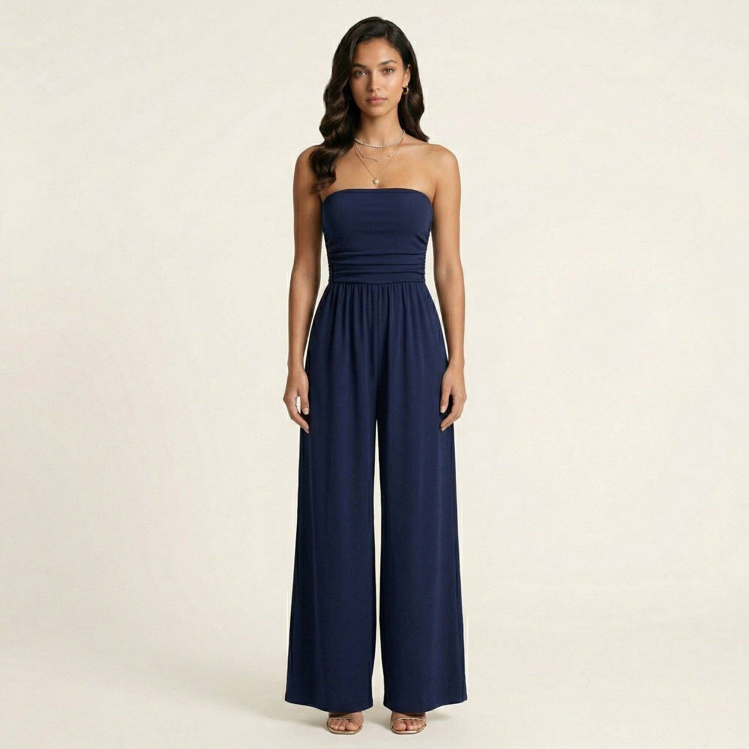 Strapless Wide Leg Jumpsuit with Smocked Bodice Elastic Waist Flowy Relaxed Fit