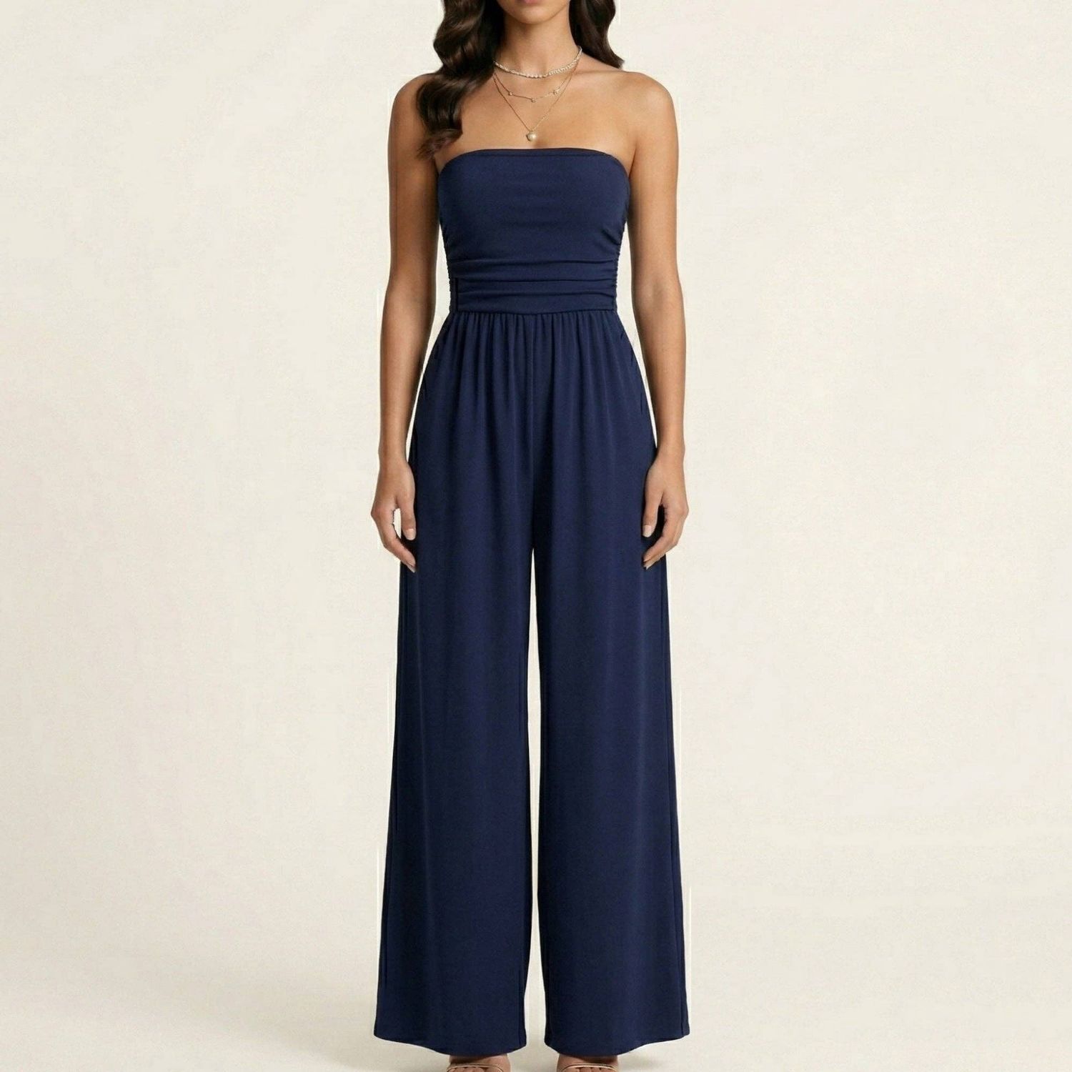 Strapless Wide Leg Jumpsuit with Smocked Bodice Elastic Waist Flowy Relaxed Fit, Color: Navy, Size: Large 12-14