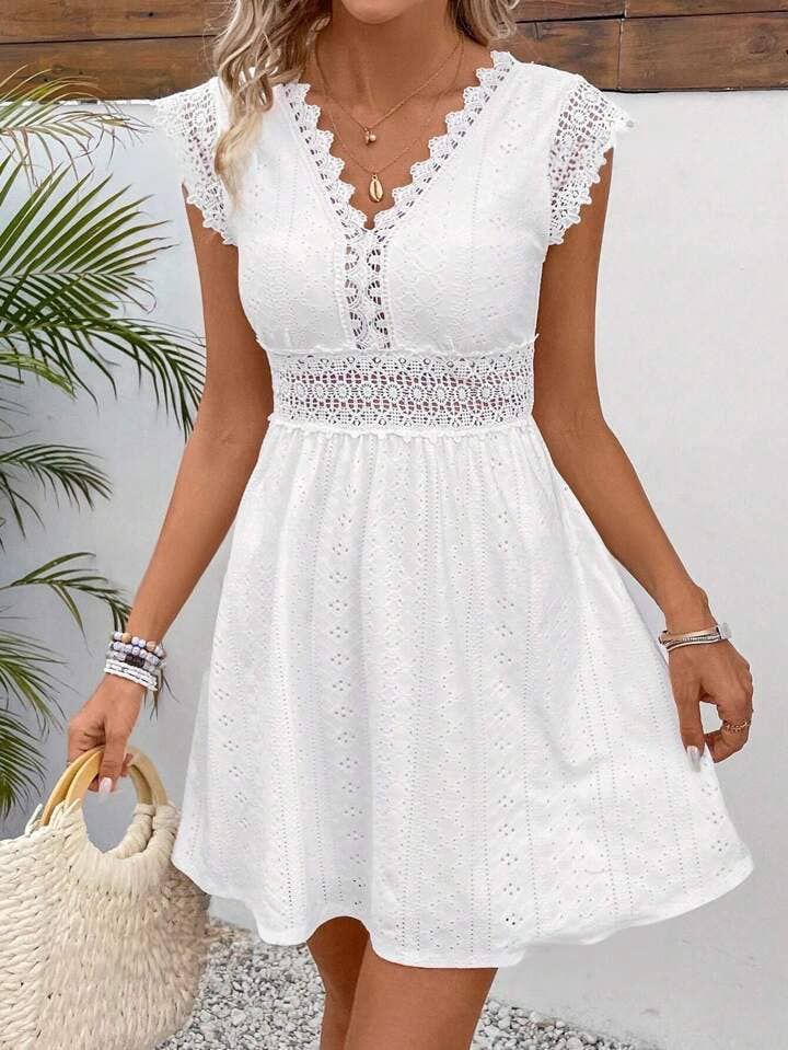 Eyelet Lace V-Neck A-Line Dress