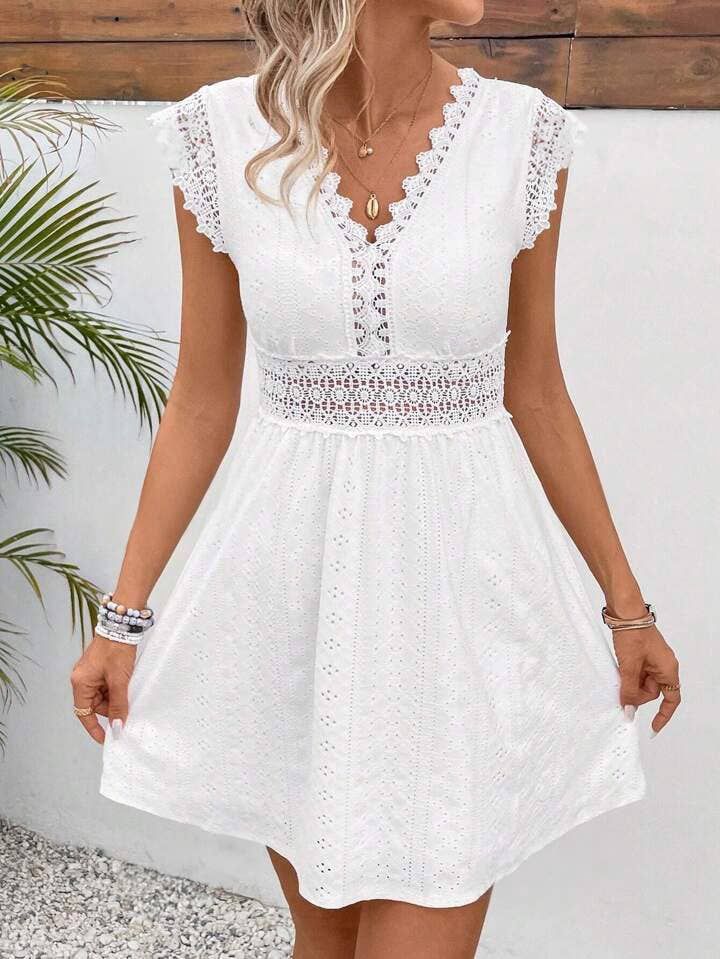 Eyelet Lace V-Neck A-Line Dress, Color: White, Size: L