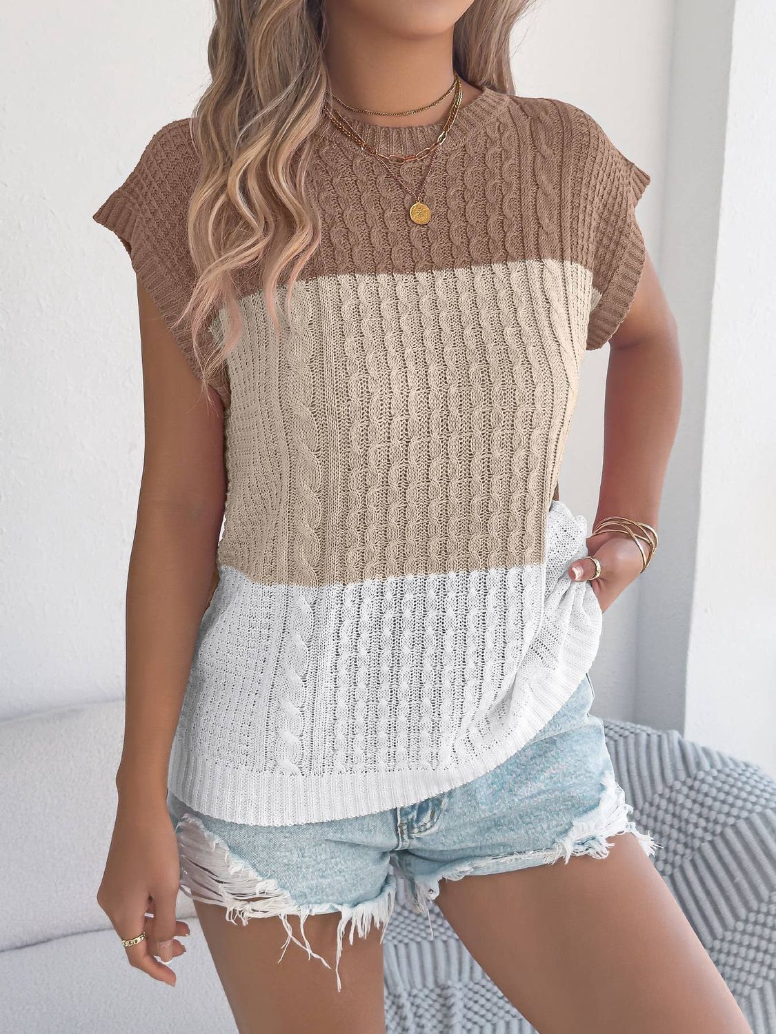 Color Block Cable Knit Short Sleeve Pullover Top