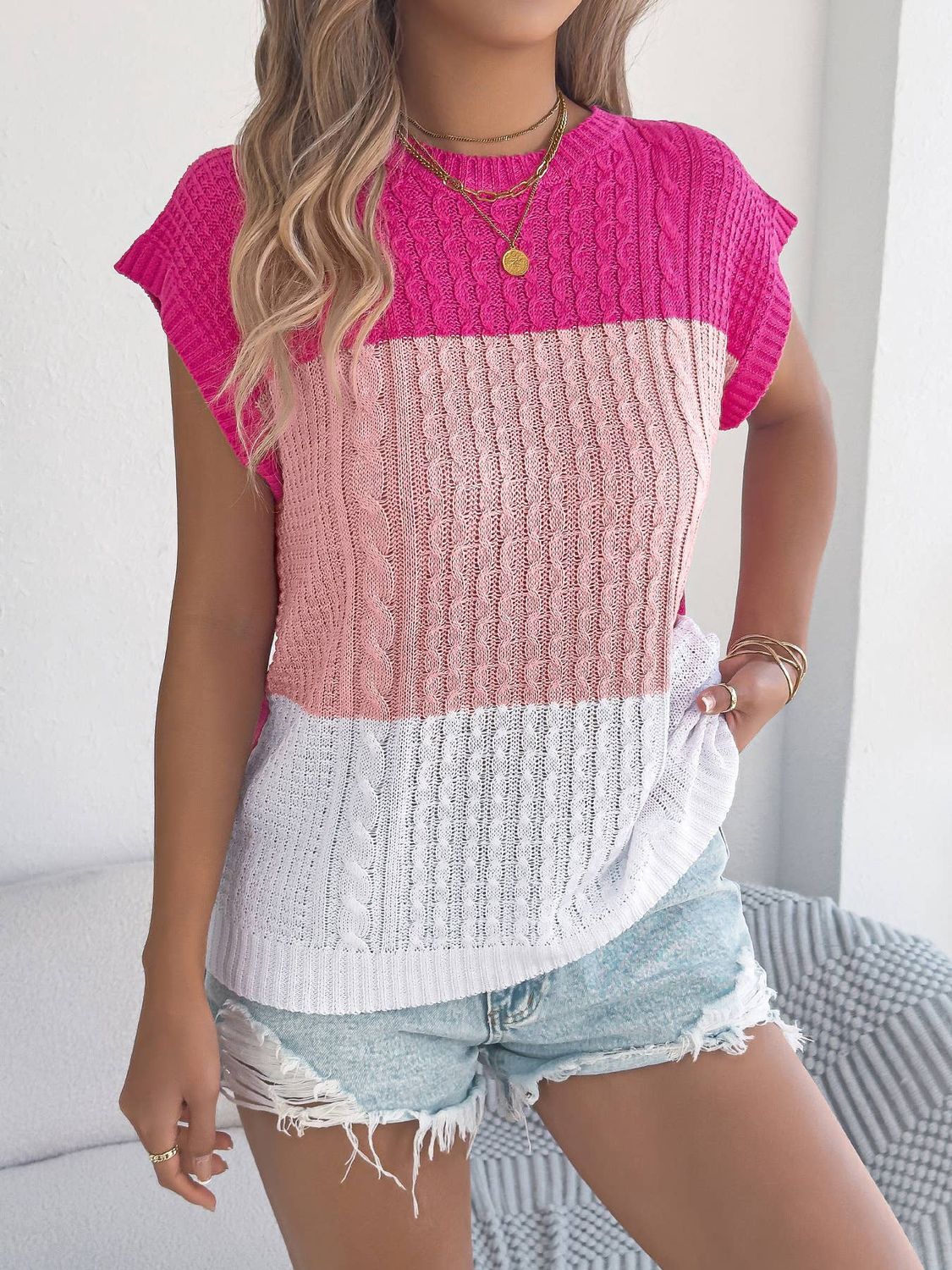 Color Block Cable Knit Short Sleeve Pullover Top