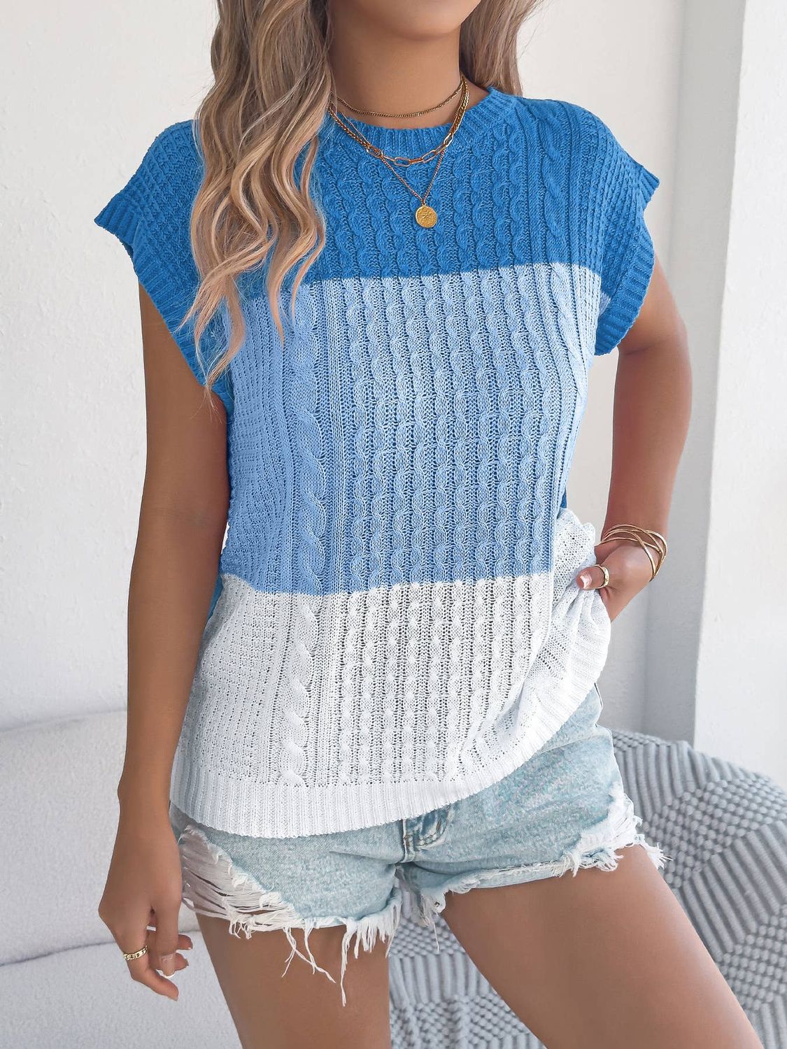 Anna Kaci Color Block Cable Knit Short Sleeve Pullover Top