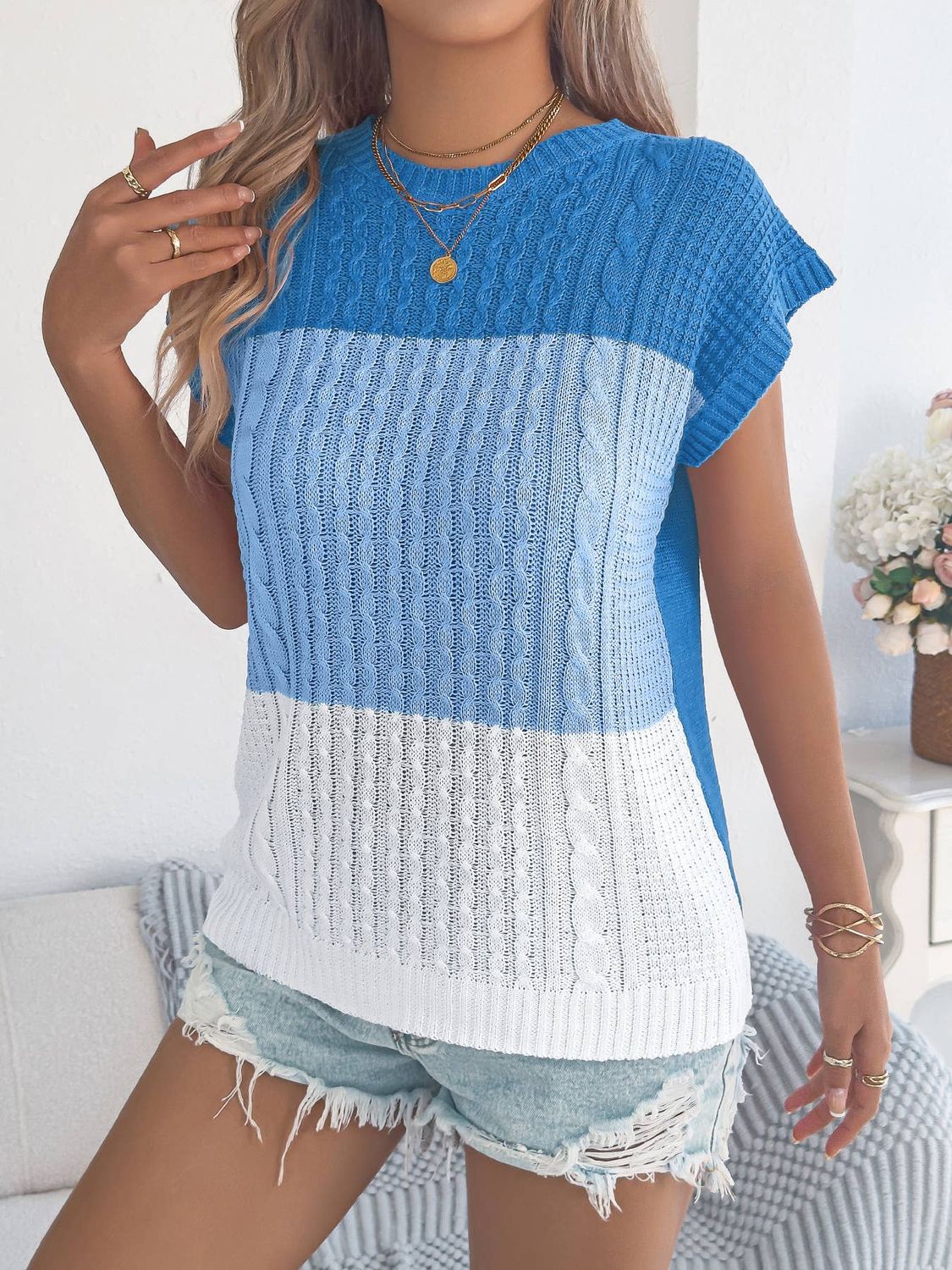 Anna Kaci Color Block Cable Knit Short Sleeve Pullover Top