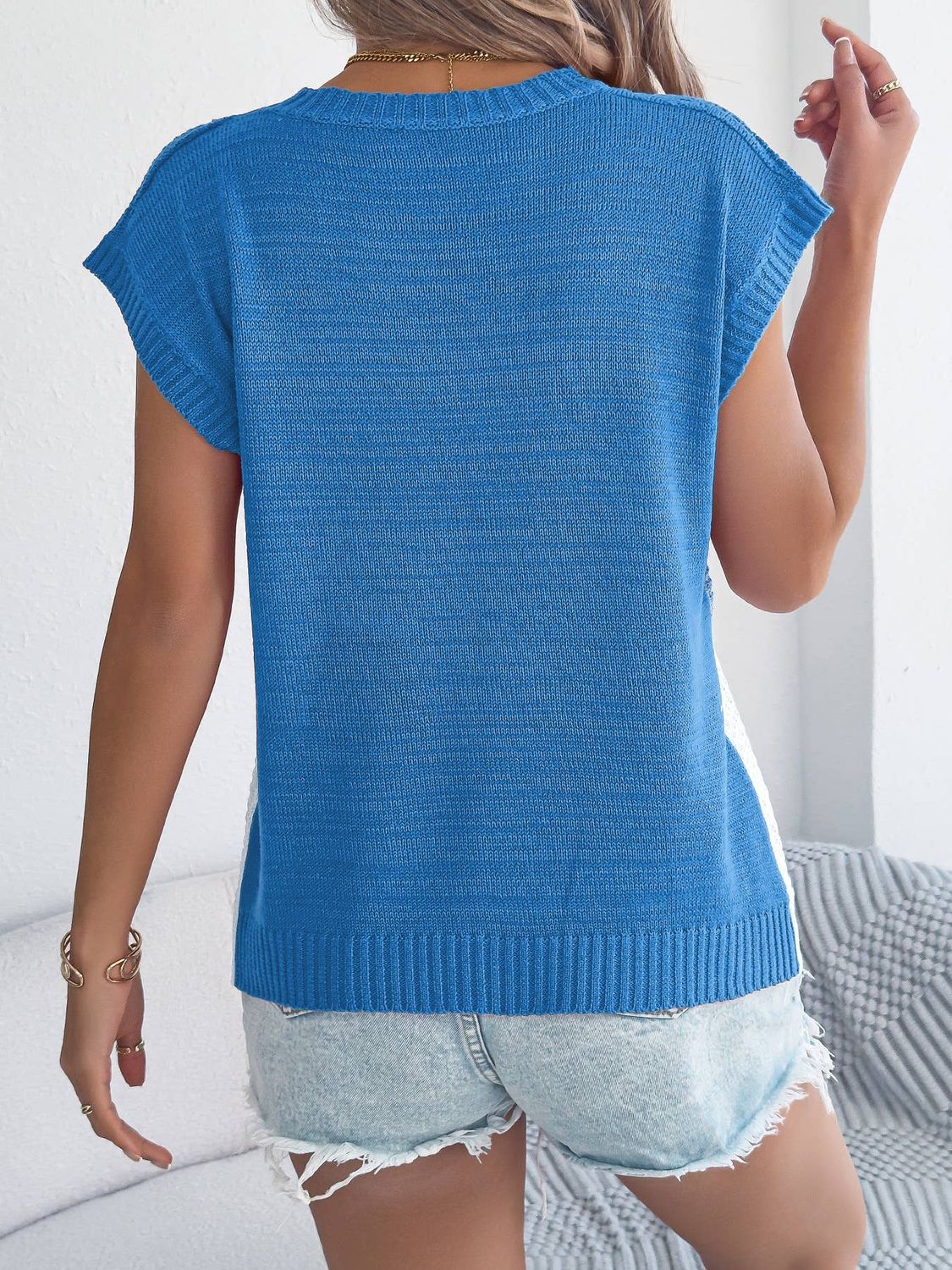 Anna Kaci Color Block Cable Knit Short Sleeve Pullover Top